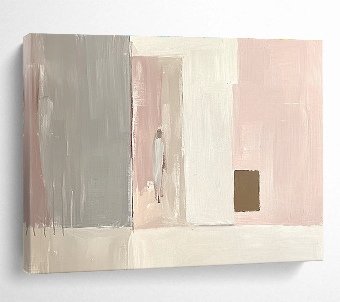Large abstract painting in light pink and white with gray and a small brown square emphasizes minimalist brushstrokes and elegant simplicity in oil paint.SC223