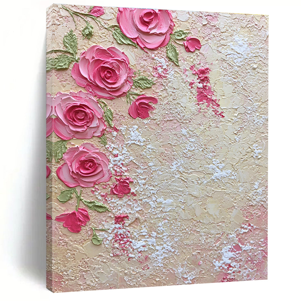 A large abstract painting featuring pink roses and green leaves with lace-like textures evokes romance and elegance for home decor.STSC931
