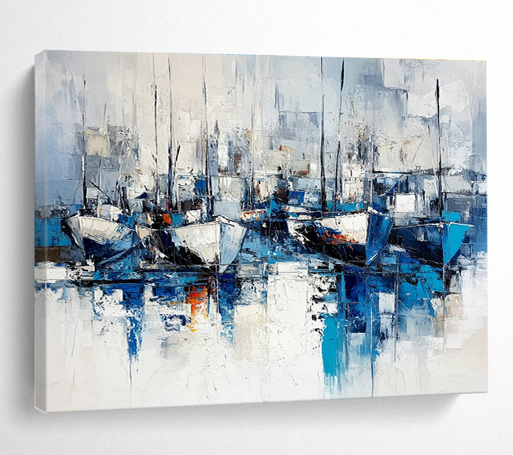 Large abstract painting featuring blue and white hues on a white background capturing chaotic ships and docks in a cool mysterious atmosphere.SC030