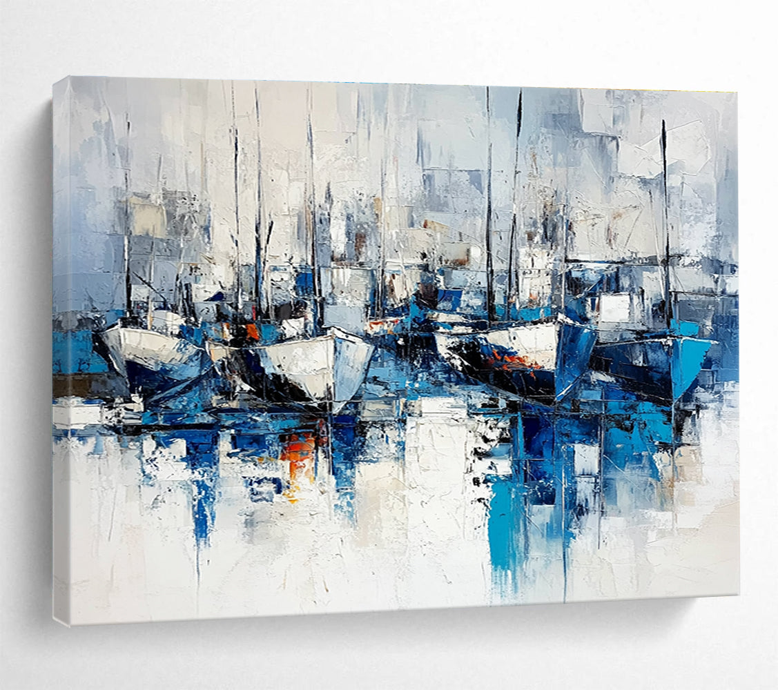 Large abstract painting featuring blue and white hues on a white background capturing chaotic ships and docks in a cool mysterious atmosphere.SC030