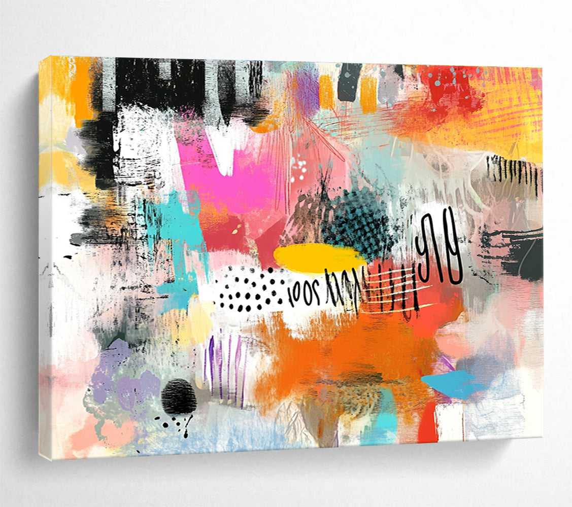 A large abstract painting featuring vibrant colors bold strokes dynamic shapes playful elements and a lively essence reflecting contemporary youth culture.SC508