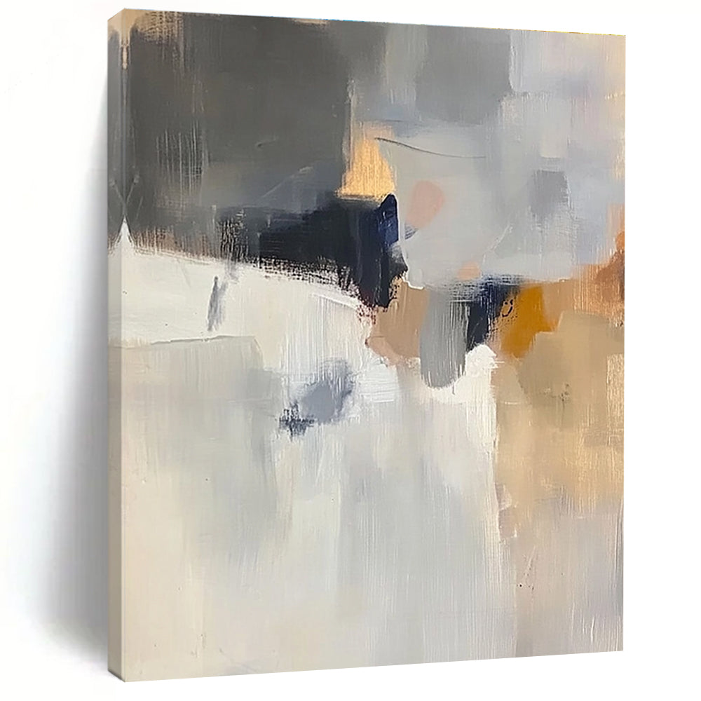 Large abstract painting with soft light colors grey and white atmospheric shapes hints of brown blue and yellow in muted tones.STSC686