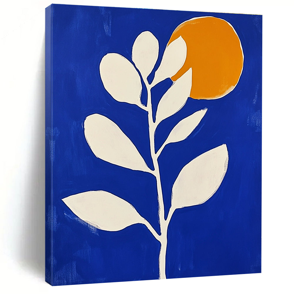 Large abstract painting in blue and white featuring minimalist flower shapes and an orange sun with bold brush strokes.STSC920
