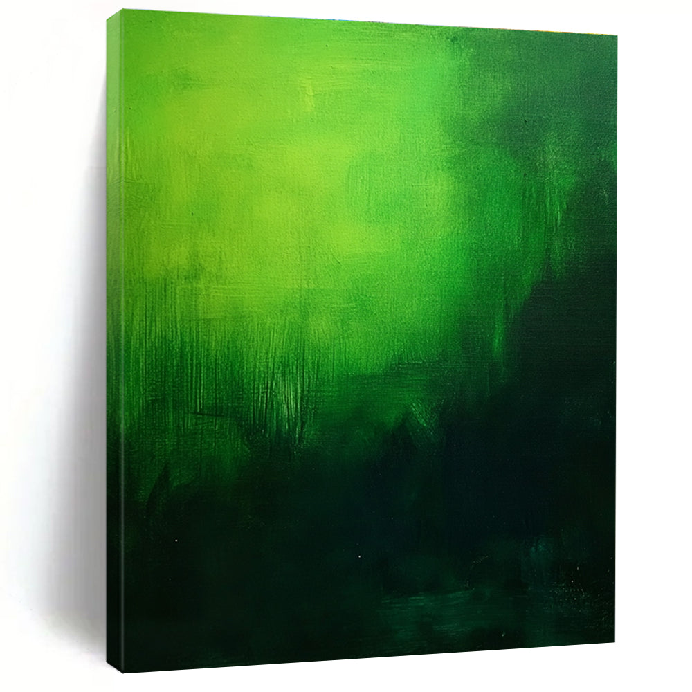 Large abstract painting featuring a green gradient on a dark background creating a moody and atmospheric foggy effect in oil on canvas.STSC310