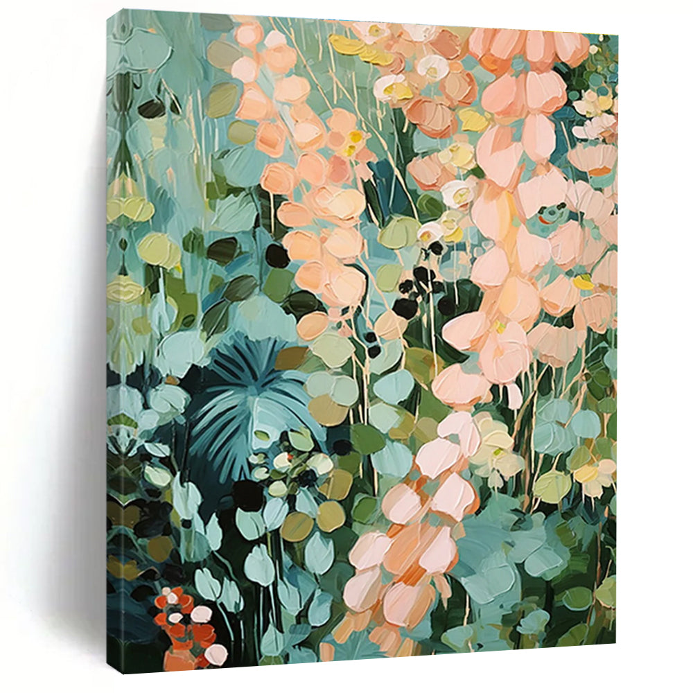 Dreamy Floral Abstract Painting with Light Blue and Peach Tones ADGE428