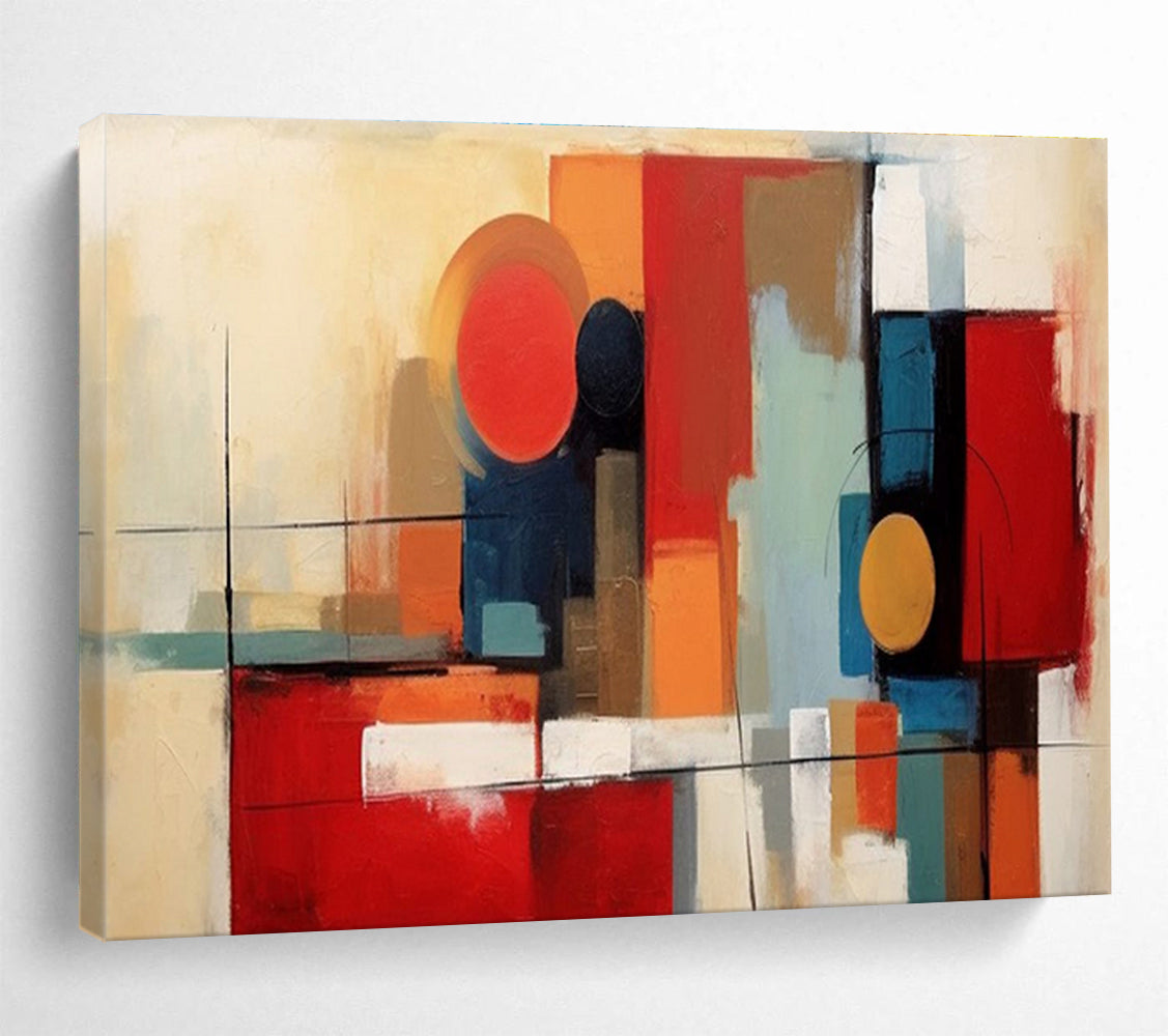 Geometric Abstract Painting with Red, Orange, and Blue Tones THY219