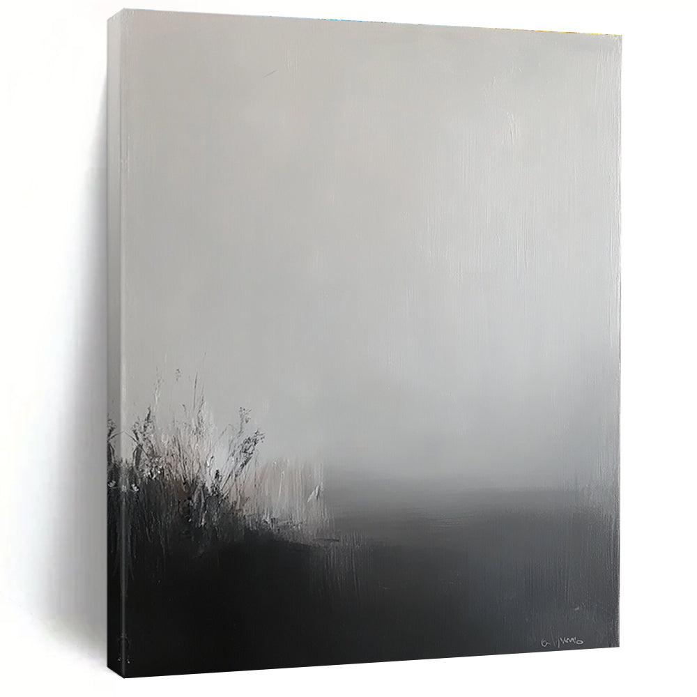 Large abstract painting featuring a grey sky and misty landscape in soft tones and neutral colors creating a calming and contemplative atmosphere.STSC288