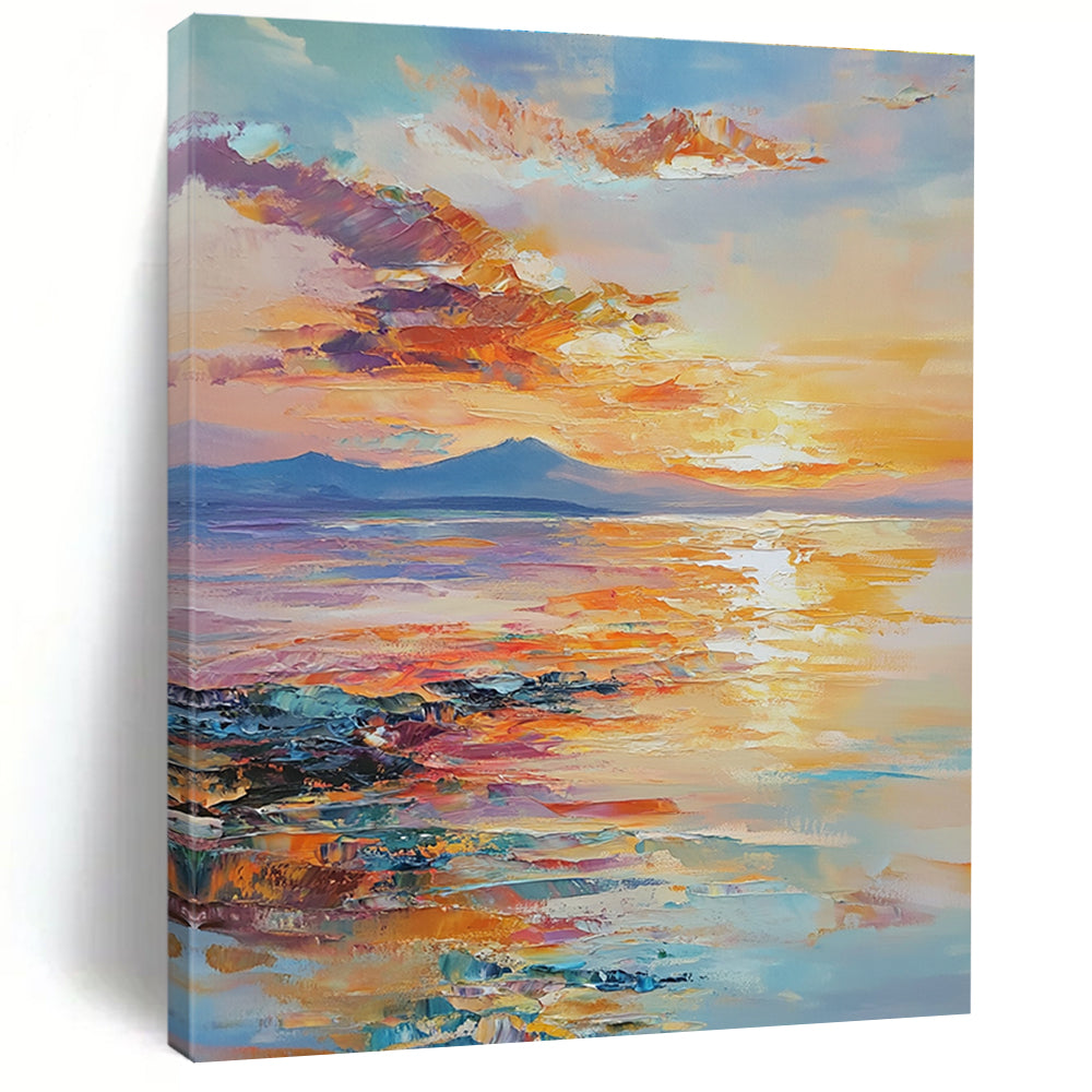 Large abstract painting of an ocean sunset with warm hues reflecting on water showcasing tranquility and nature's beauty in a dreamy atmosphere.STSC865
