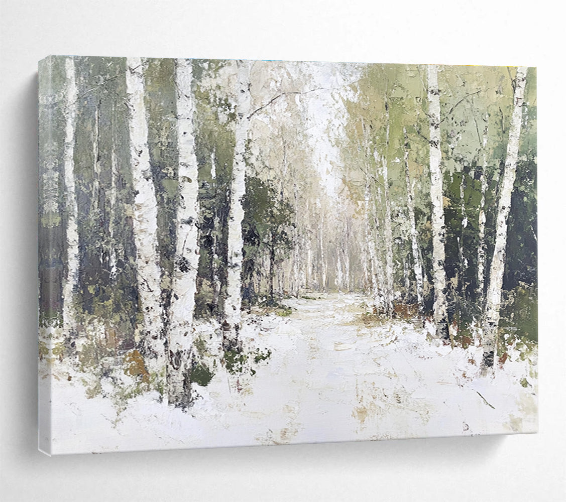 A large abstract painting of birch trees with white bark and green leaves, featuring soft lighting and textured tree trunks against a snowy ground.SC466