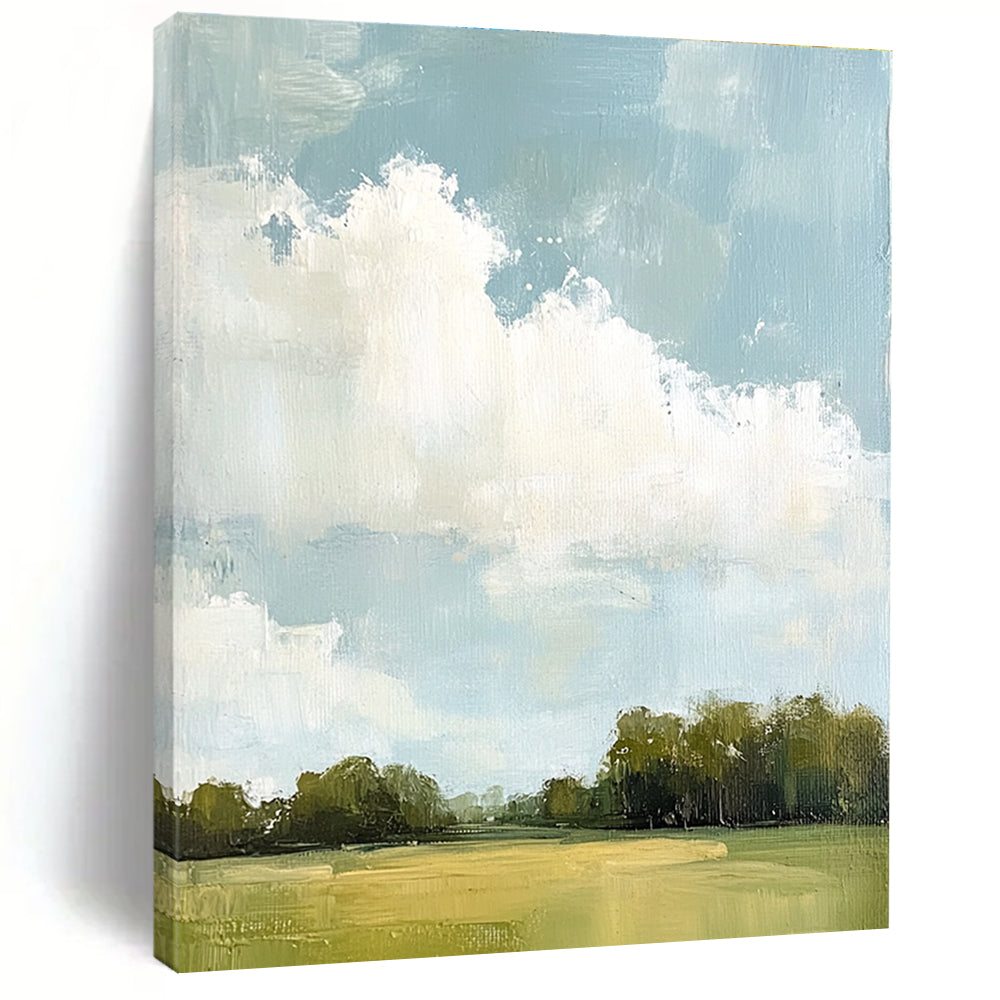Large abstract painting depicting distant clouds and lush greenery with soft hues and thick brush strokes.STSC874
