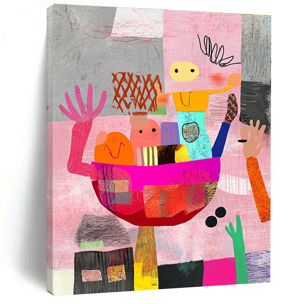 Large abstract artwork featuring whimsical shapes and people carrying an oversized food bowl against a pink and gray backdrop with colorful hand-drawn patterns.STSC968