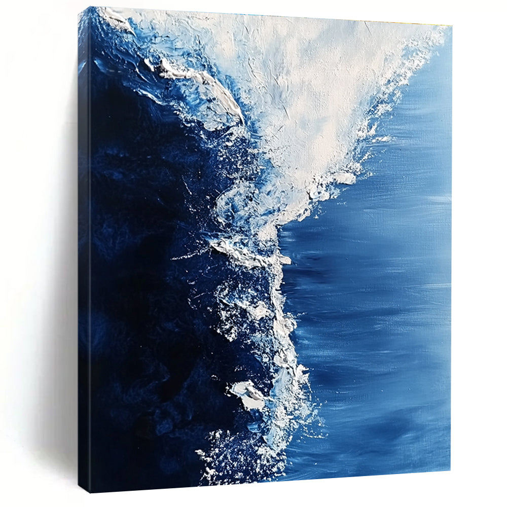 Large abstract painting of swirling Arctic sea in white and blue tones features visible brush strokes and snow crystal details for a hyper-realistic effect.STSC348
