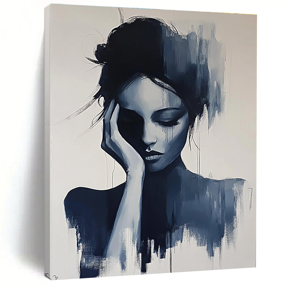 Large abstract painting of a gray woman with her hand on her face and hair up in black and white colors.STSC1378
