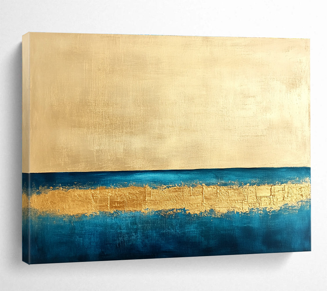 Gold and Blue Minimalist Abstract Painting with Textured Gold Band DYP314