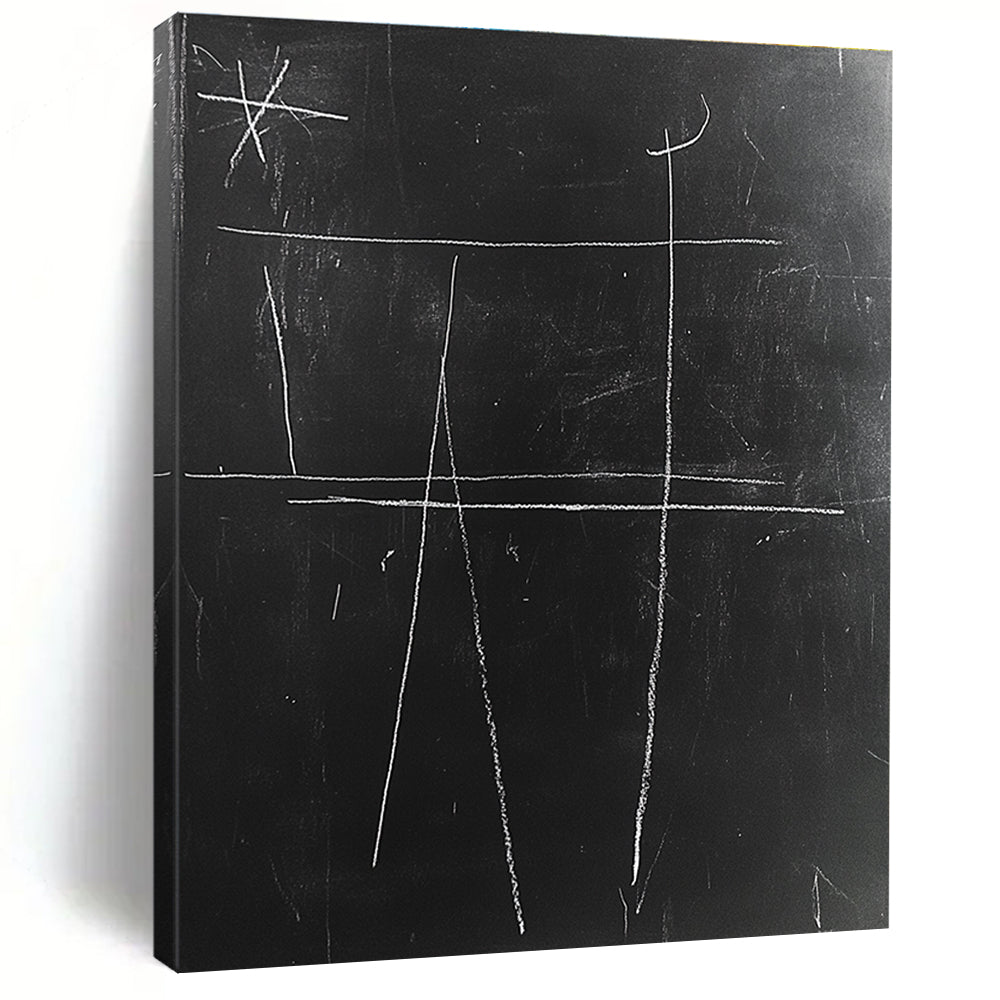 A large abstract drawing featuring simple lines and thick white chalk textures on a black chalkboard, inspired by Matisse's minimalism.STSC1061