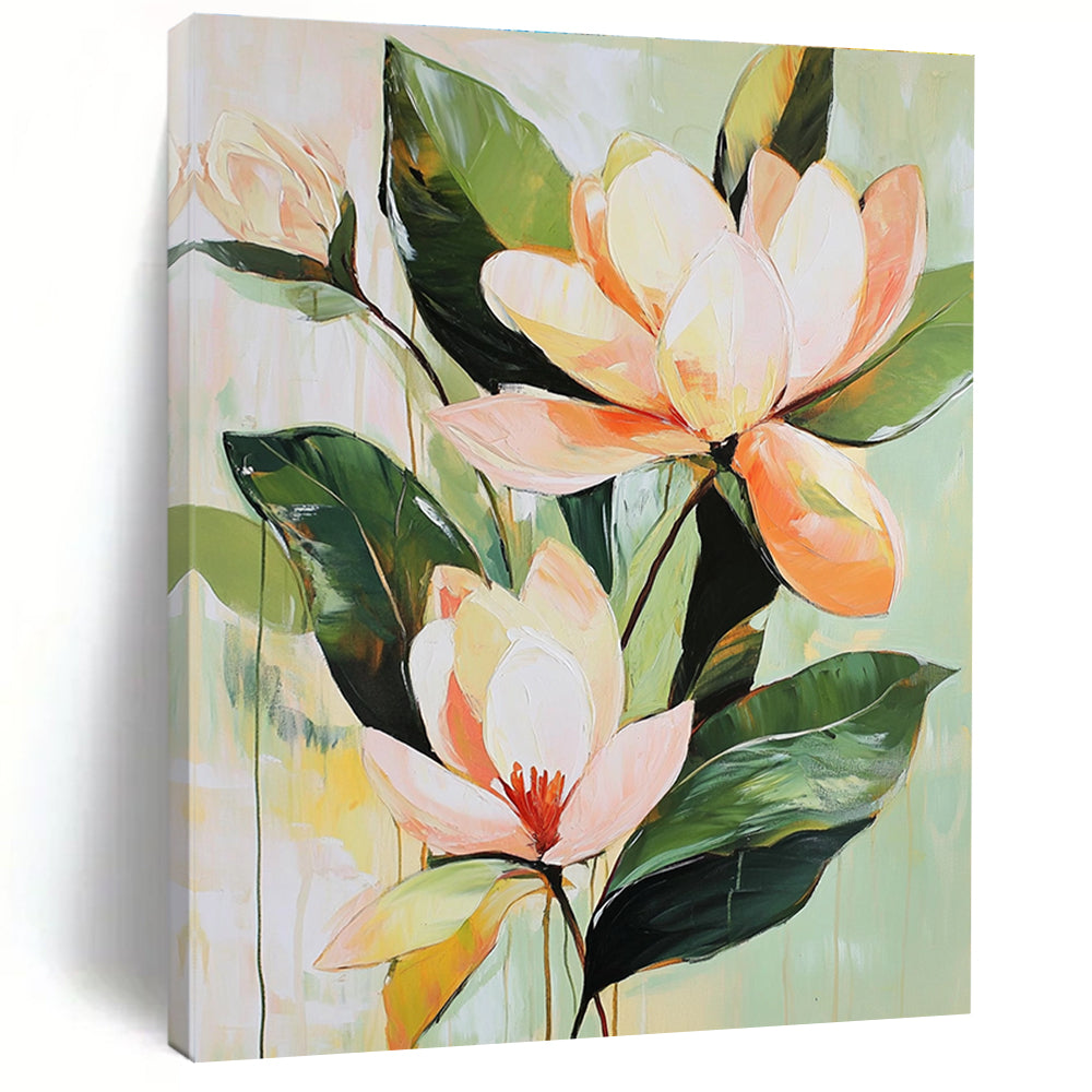 Large abstract painting of tropical flowers and magnolia blossoms in soft tones with a vintage brushstroke style on a pale green background.STSC355