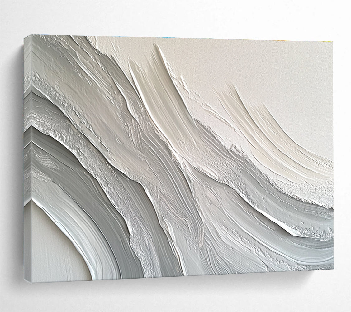 Large abstract painting featuring swirling white and gray patterns that create depth and texture against a plain background.SC451