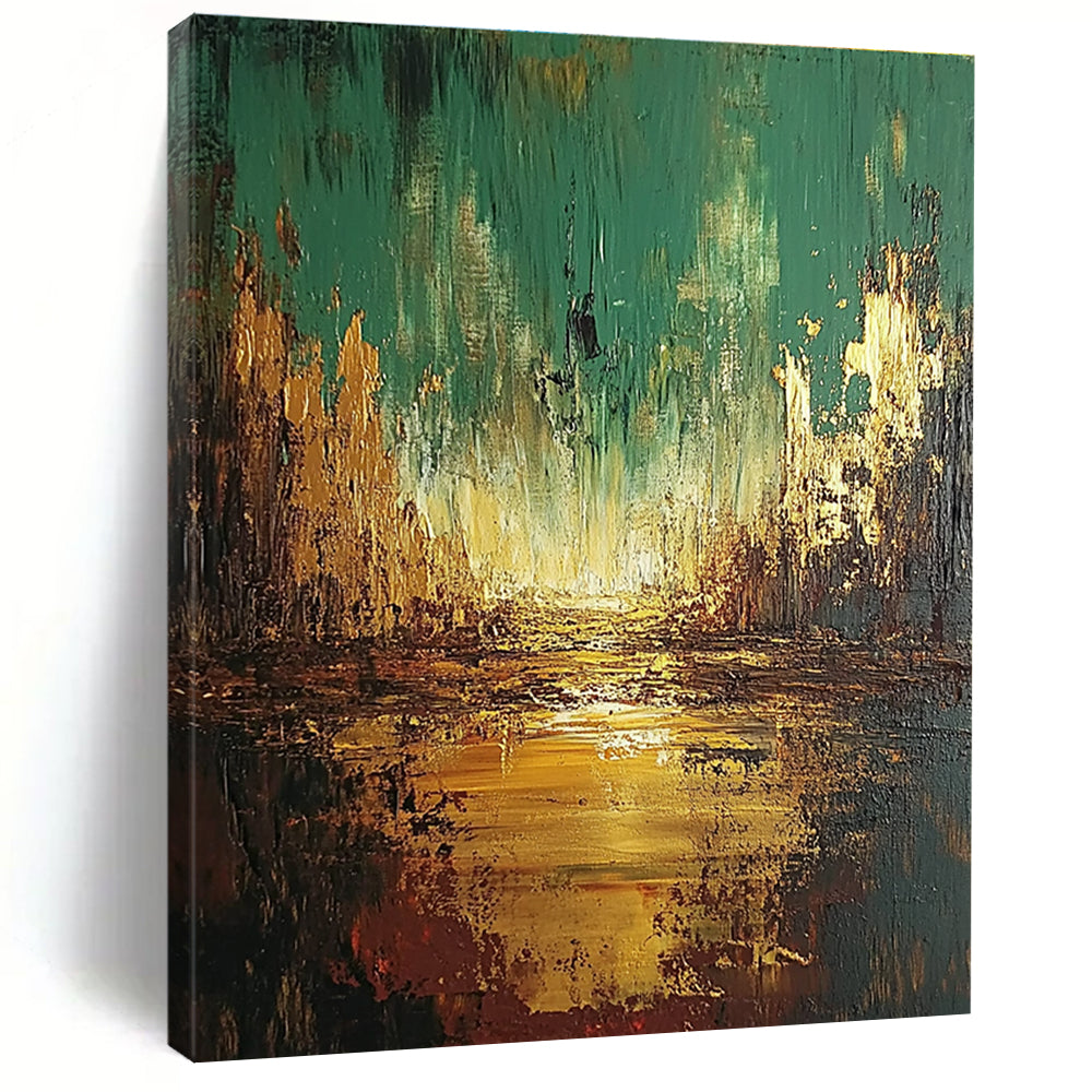 Large abstract oil painting depicting an apocalyptic landscape in greens and browns with golden highlights, perfect for bold decor.STSC583