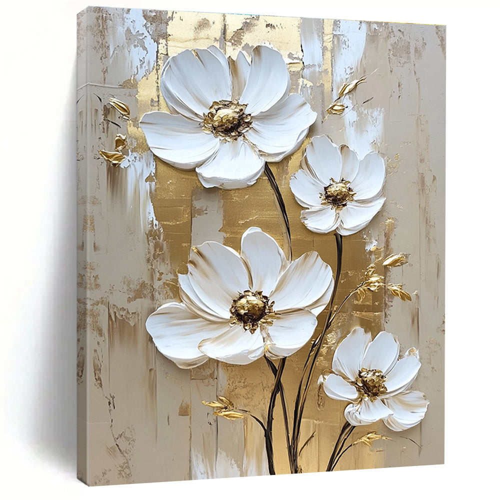 Abstract white daisy flowers with gold accents on a textured background create a stunning wall art painting that elevates any space.STSC510
