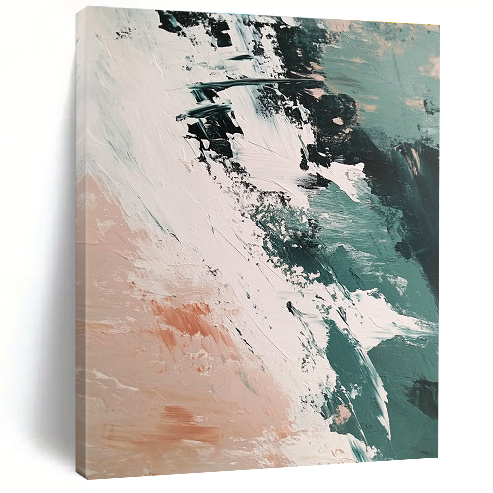Large abstract painting capturing the Arctic sea's ice and earth with vibrant brush strokes in a beige teal and pink palette.STSC1437