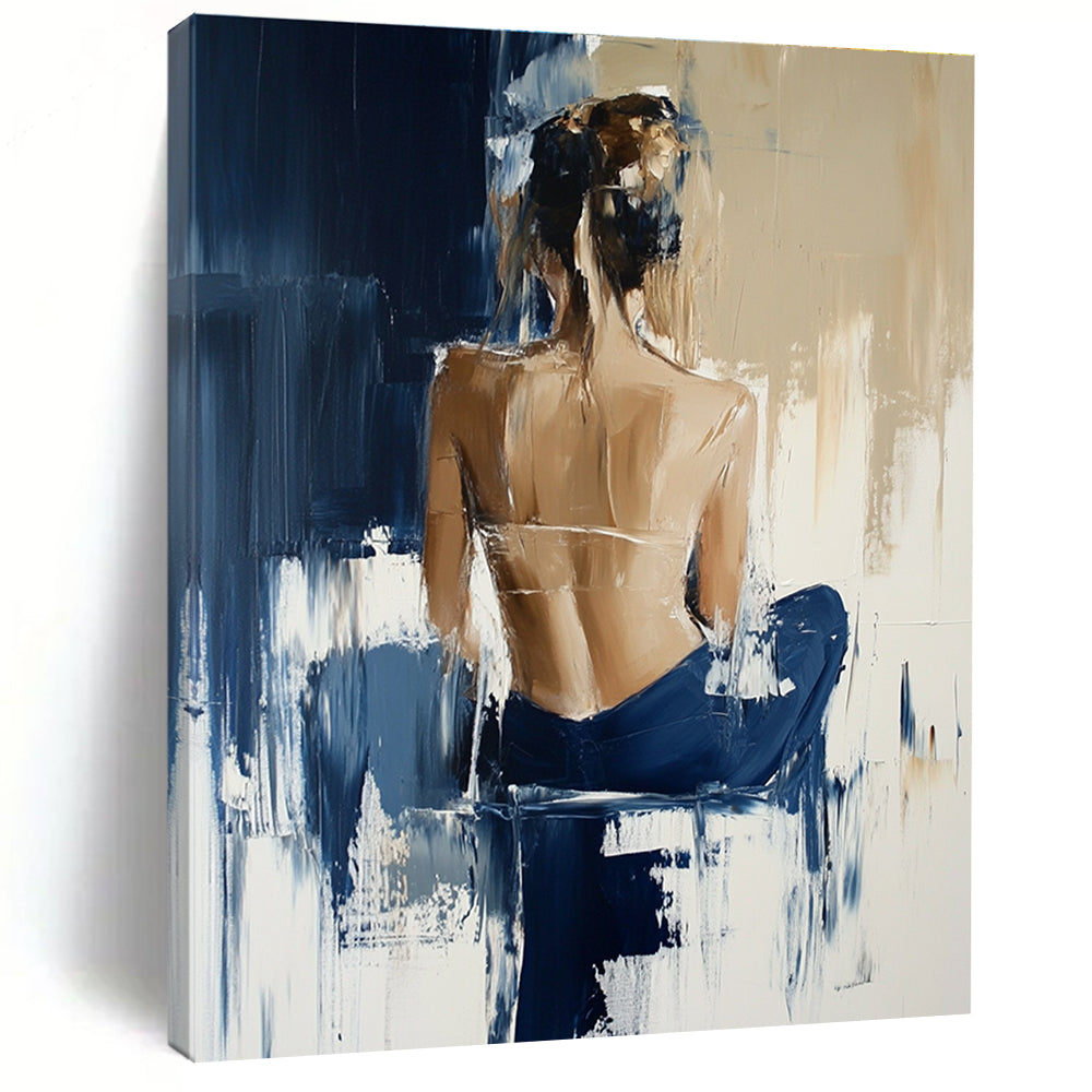 Abstract oil painting showcasing a woman in Hunkemöller collection with beige and navy blue tones and expressive brush strokes reminiscent of Richard Schmid.STSC175