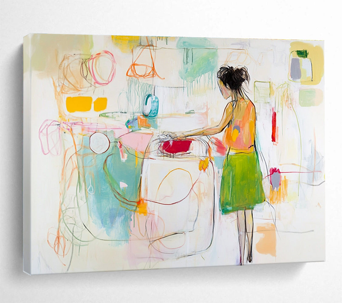 Large abstract painting of a woman doing laundry featuring loose gestural lines in white with vibrant yellow green red pink and blue accents.SC184