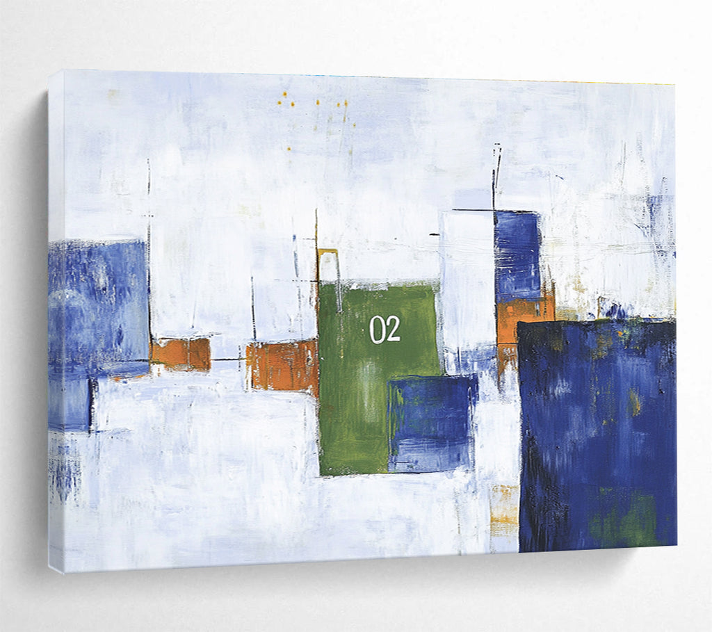 Geometric Numbered Abstract Painting with Blue Green and Orange DYP323