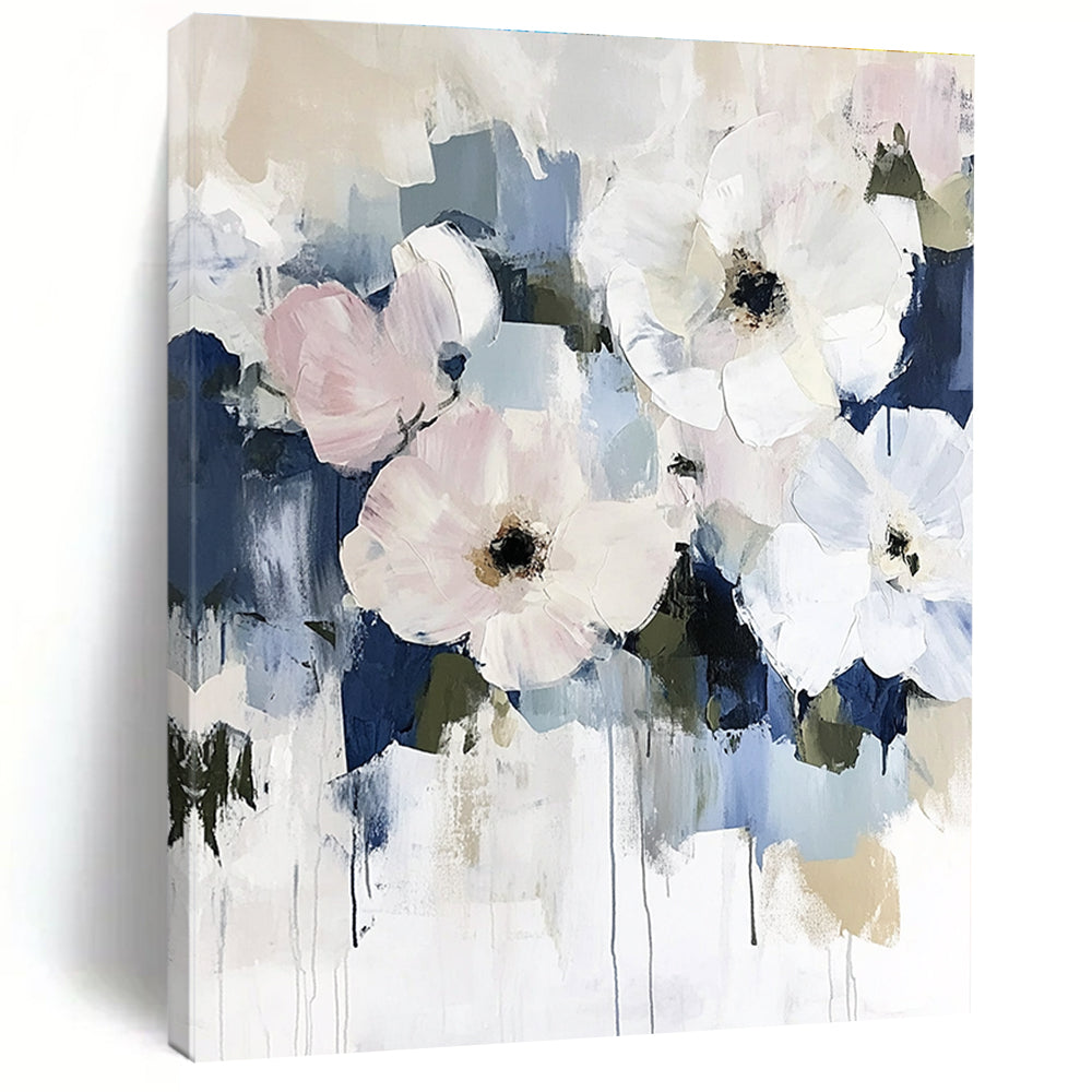Large abstract floral painting in soft pinks and whites with hints of blue featuring minimalist style and soft brushstrokes on neutral tones.STSC056