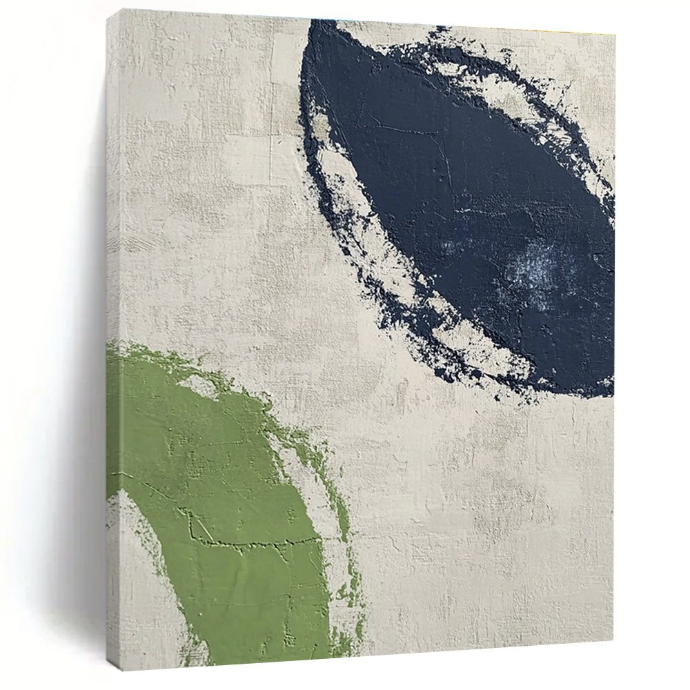 Large abstract painting featuring textured navy blue and green curves on a light gray background, embodying modern simplicity for contemporary interiors.STSC527