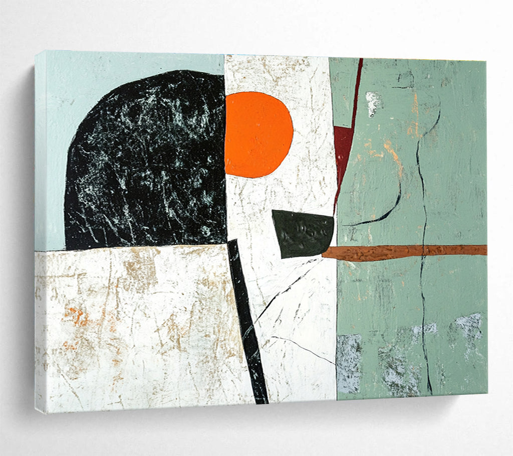 Large abstract painting featuring green black and white shapes with an orange accent and a brown line on a light gray and pale blue background.SC192