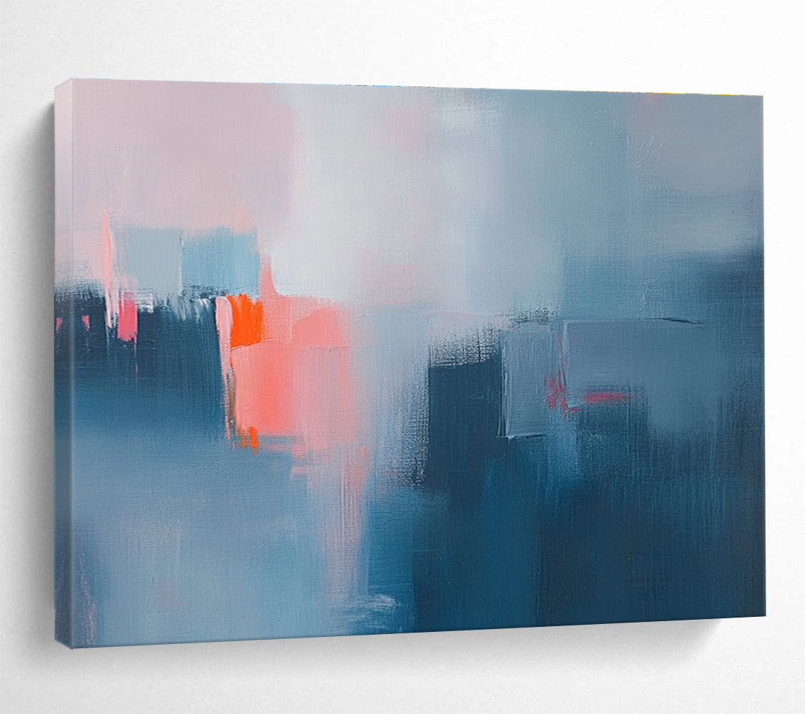 Large abstract oil painting depicting a misty rain with blue and grey hues highlighted by pink and orange accents.SC319