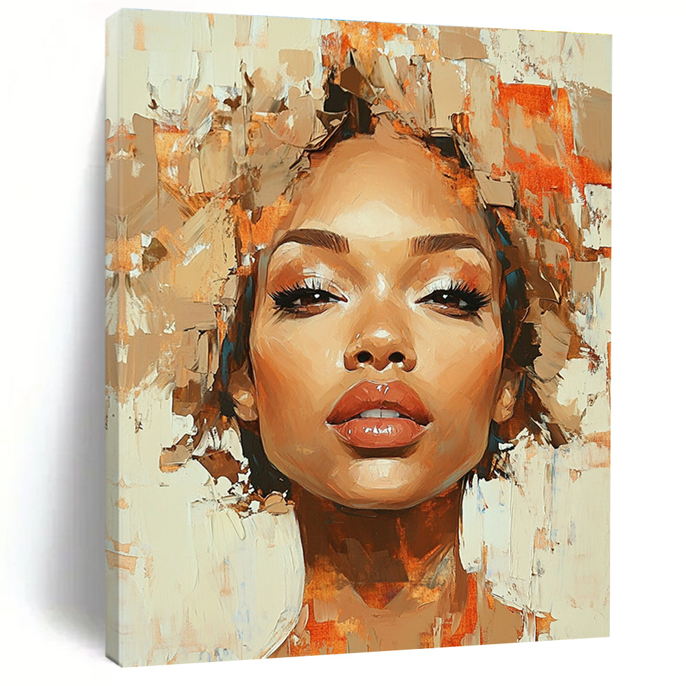 A Large Abstract Painting Featuring An African American Woman With Curly Hair In Ethereal Shades Of Brown Beige Gold And Red-Orange.STSC862