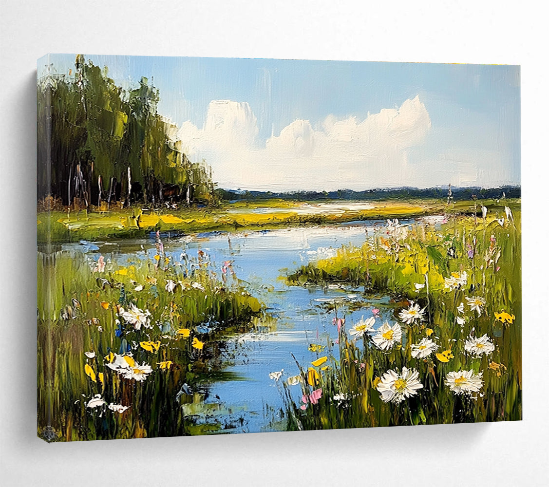 Abstract painting featuring a serene meadow with wildflowers and a reflective river under a sunny sky enhanced by gentle clouds.SC600