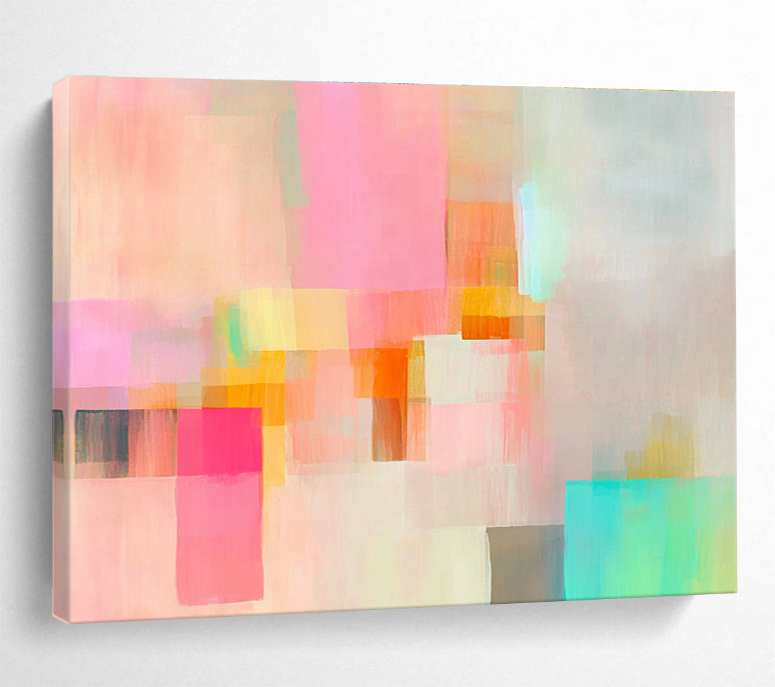 An expansive abstract painting featuring soft pastel colors and fluid geometric shapes creates a dreamy atmosphere of movement and calmness.SC302