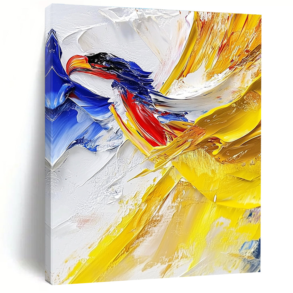 Large abstract painting with impasto technique showcasing vibrant yellow and blue hues featuring a detailed vulture against a white cloud background.STSC426