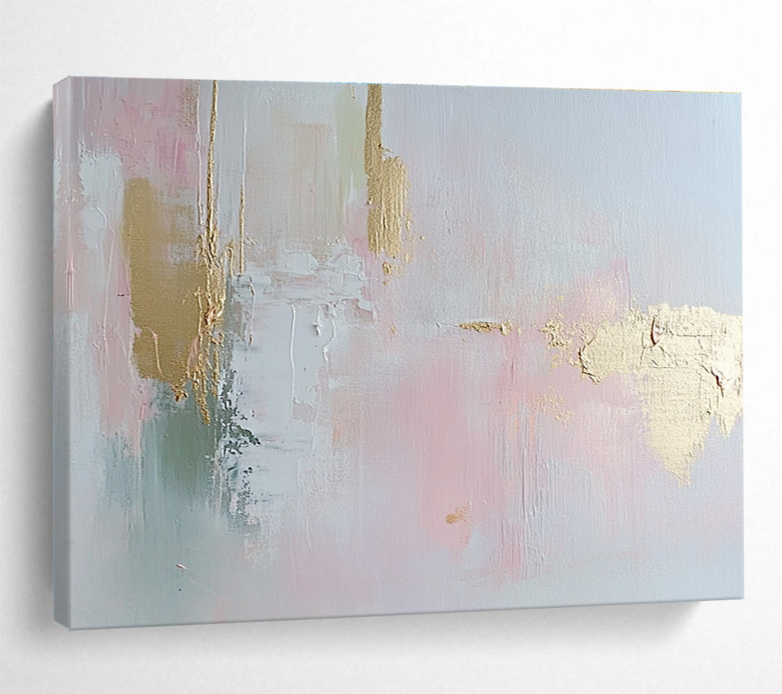 Abstract painting in soft pastel pink and pale gold with delicate brush strokes and textured elegance, enhancing a serene romantic atmosphere.SC386
