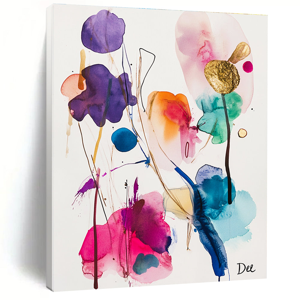 Large abstract watercolor and ink painting featuring colorful shapes and gold foil accents on a white background inspired by the style of artist Dee.STSC839