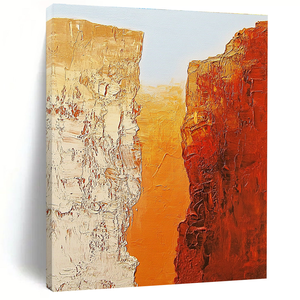 Abstract painting of two textured orange rocks symbolizing the Grand Canyon against a light blue sky in the style of Jean-Michel Basquiat.STSC713
