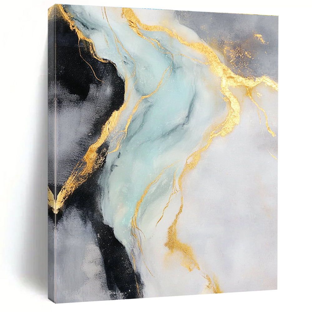 Gold Blue Gray Abstract Painting with Flowing Gold Lines GER740