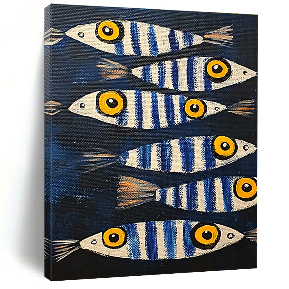 A large abstract painting featuring sardines with blue and white stripes and yellow eyes, set against a dark background.STSC1171