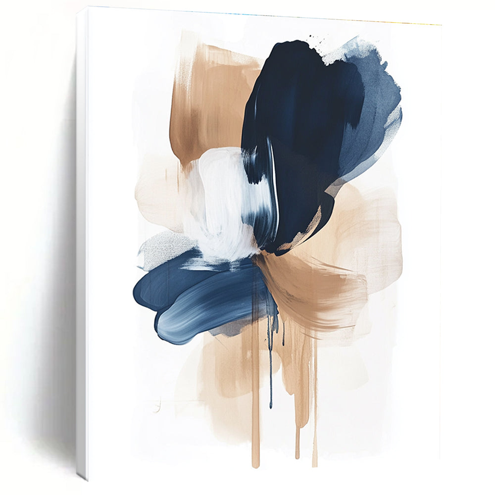 Large abstract painting featuring calming brushstrokes in navy blue and beige on a white background creating emotional shapes and a sense of balance.STSC1325