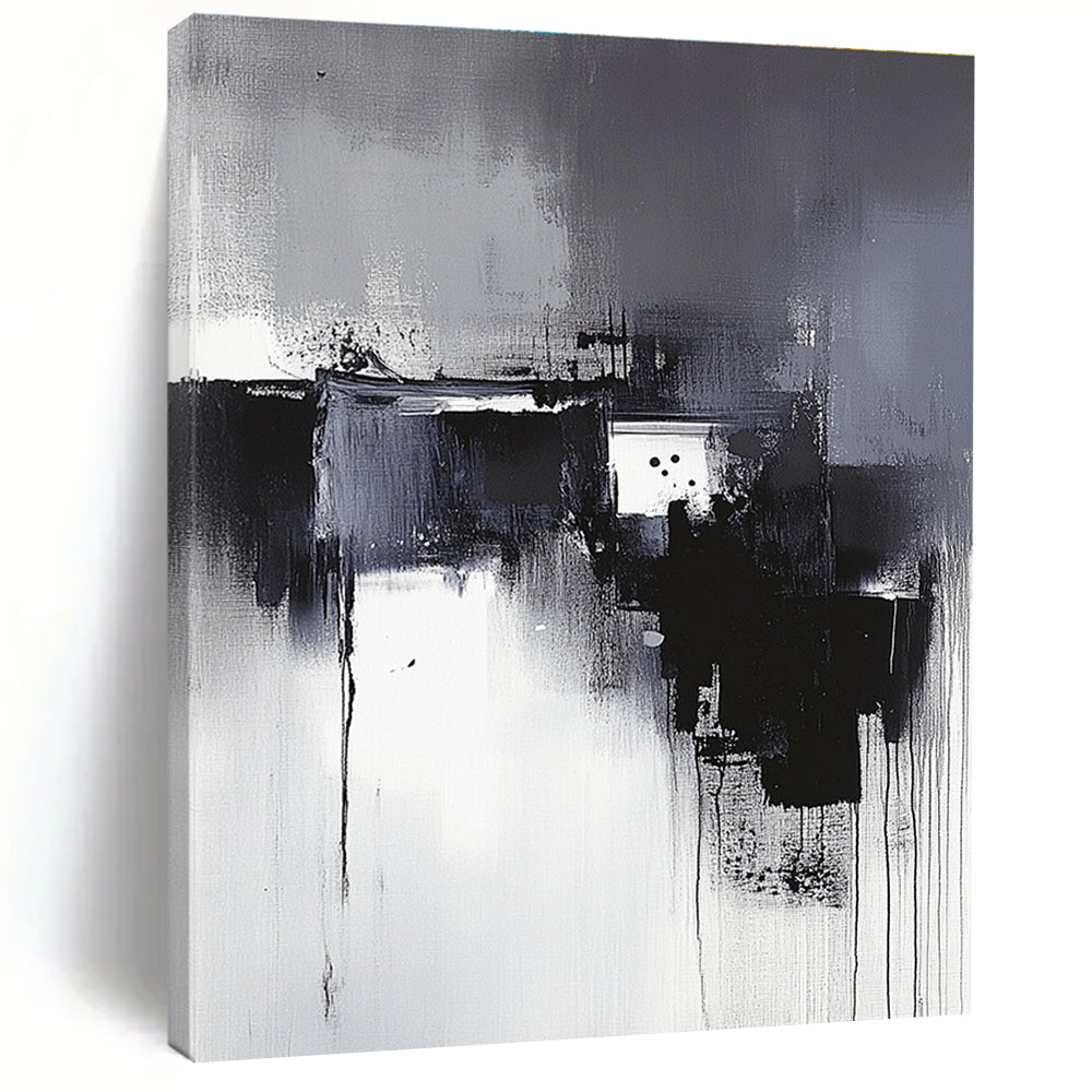Large abstract painting in black and white with a neutral background inspired by Wu Guanzhong's artistic style.STSC617