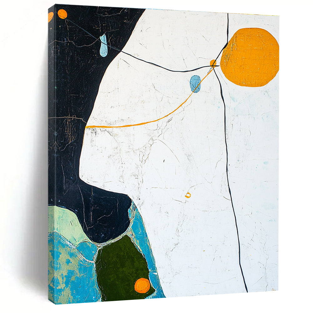 Large abstract painting featuring a white sky, light blue and dark green lines, yellow outline, orange circle, and black edge shapes with detailed rocks and trees.STSC296