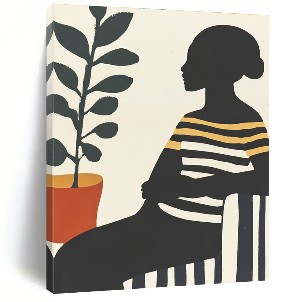 Large abstract painting featuring an African woman on a striped sofa with silhouettes and vibrant colors complemented by a pot of green leaves.STSC537