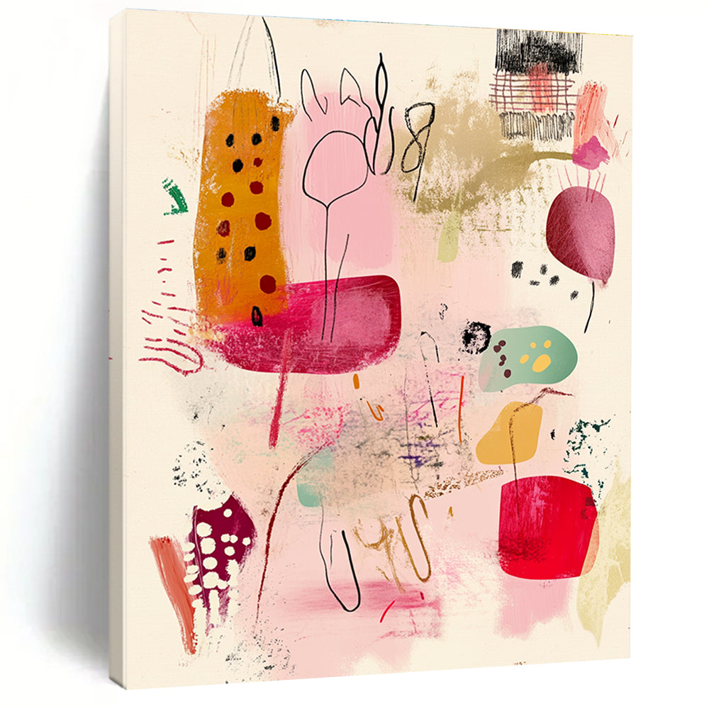 Large abstract painting featuring organic forms in pink red green and yellow with vintage textures and expressive brushstrokes on a light background.STSC1193