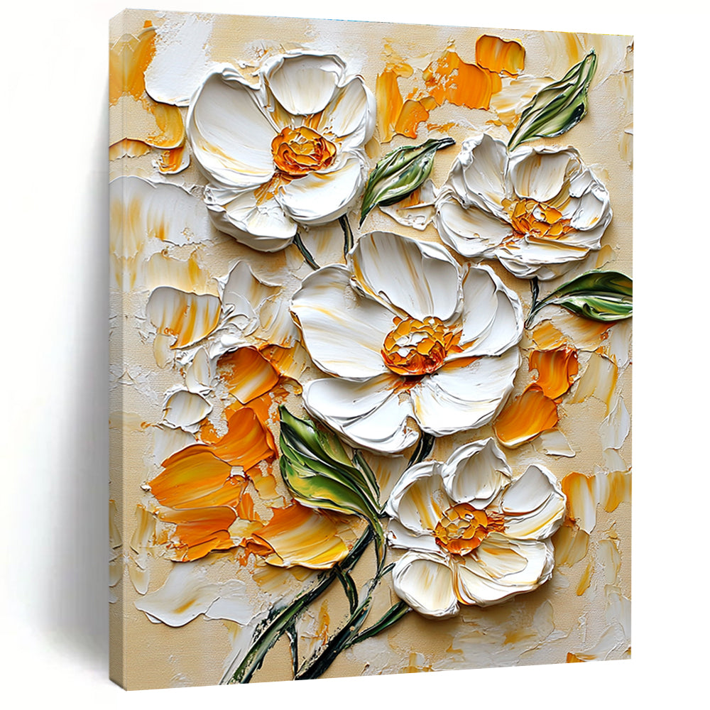 Large abstract painting of white flowers with orange and yellow accents on a beige background in impasto style with intricate details.STSC1397
