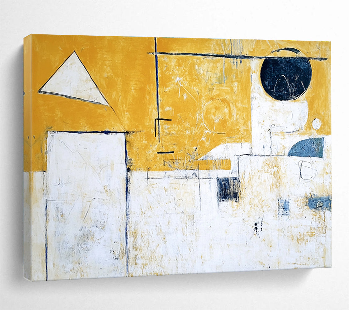 Geometric Abstract Painting with Yellow White and Blue Tones DYP550
