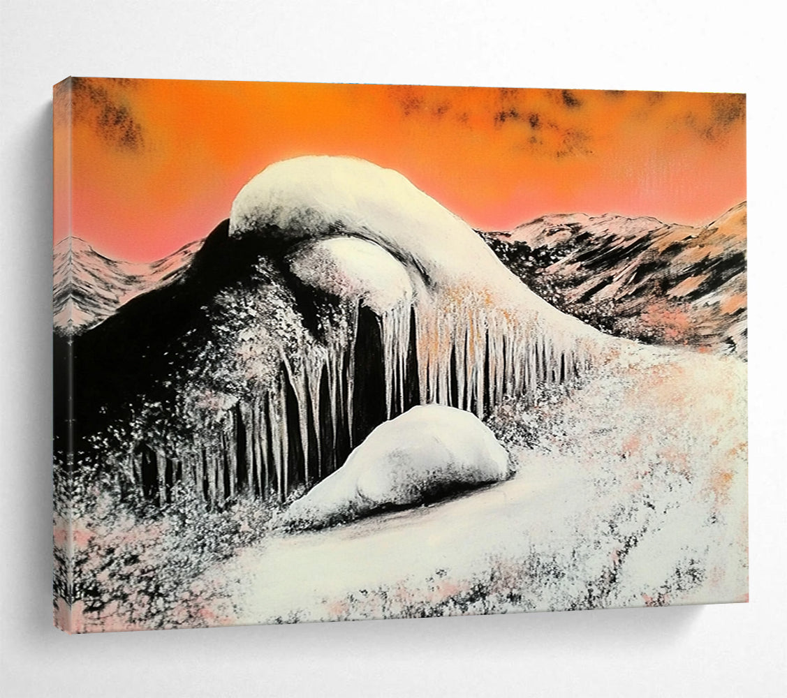 Orange Sky Snowy Mountain Abstract Painting with Icicles DYP160