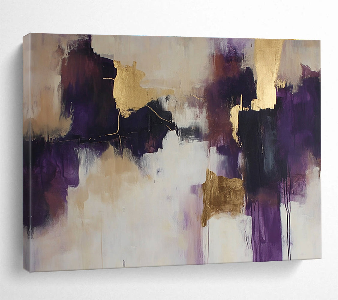 Purple and Gold Abstract Painting with Dynamic Forms DYP396