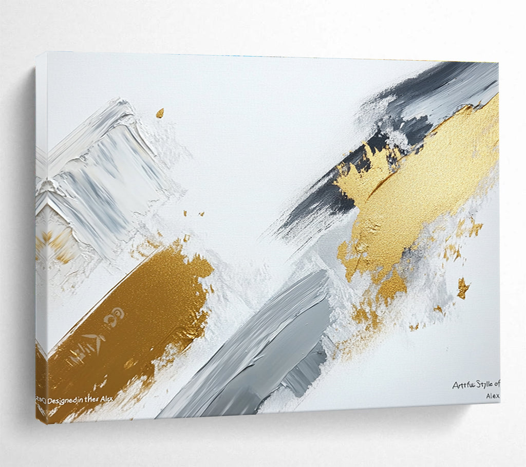 Large abstract painting featuring gray and gold brush strokes on a white background showcasing contemporary artistic creativity and elegance.SC293